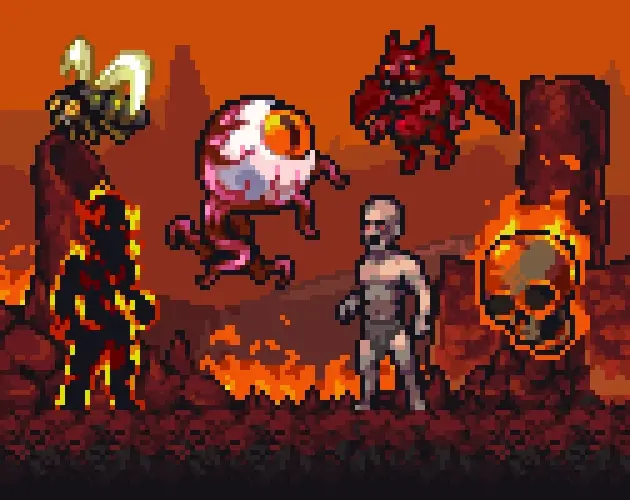 Набор пиксельных ассетов Pixel Art Hell Tiles And Enemies 32x32